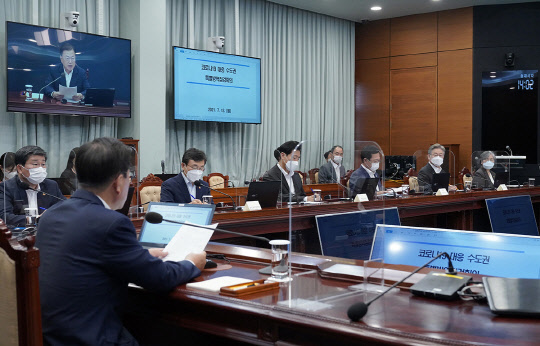 12일 문재인 대통령이 코로나19 대응 수도권 특별방역점검회의를 주재하고 있다. 청와대 제공.